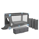 kk Kinderkraft Kinderreisebett JOY, Babybetten, Kinderbett, Reisebett, Praktisch, Modernes Design, Kleine Abmessungen nach Zusammenklappe, Räder, Tasche, Blau