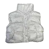 Damenweste mit Stehkragen, kurze Baumwolle, gepolstert, lässig, mit Taschen, Knöpfen, ärmellose Jacke, weiß, M