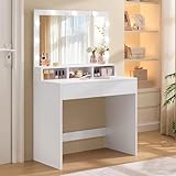 VASAGLE Schminktisch, mit LED-Beleuchtung, einstellbare Helligkeit, Frisiertisch mit Spiegel, Kosmetiktisch mit 2 Schubladen und 3 offenen Fächern, modern, wolkenweiß RDT120T10