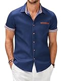 COOFANDY Hemd Herren Kurzarm Jeanshemd Denim Shirt Kariert Kent-Kragen Sommerhemd Regular Fit Kurzarmhemd Business Hemd für Herren Arbeitshemd Blau L