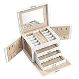 SONGMICS Schmuckkästchen 4 Ebenen, Schmuckkasten mit Griff, 3 Schubladen, Schmuckschatulle mit Spiegel, Schloss, Schmuckaufbewahrung, Bezug in Wolkenweiß, Innenfutter in Sandbeige JBC159W01