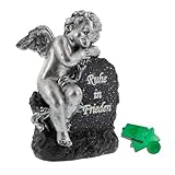 AKTIVHANDEL Edler Grabschmuck in Marmor-Optik, schwarzer Stein mit silbernem Engel und Inschrift Ruhe in Frieden inkl. Einkaufswagenchip