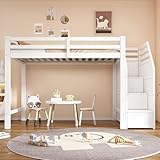 Merax Kinderbett 90x200 cm Hochbett mit Ablageleiter, Geländer, Freier Raum zum Verkleiden nach Belieben, Bett mit Lattenrost und Rausfallschutz (ohne Matratze), Holzbett EN747 Zertifiziert, Weiß