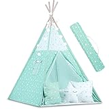 Ricokids Tipi Zelt für Kinder Indianer Spiel-Zelt Baumwolle Kinderzelt mit 3 Kissen Girlande Matratze | Spielzeug Tipi-Set Spielhaus Innen- und Außenbereich mit Zubehör