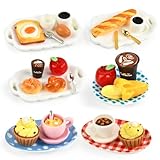 Miniatur Essen und Trinken, 1/12 Miniatur Lebensmittel Puppenhaus Zubehör, Harz Lebensmittel Spielzeug Set mit Brot Getränke Backen Kuchen Eier Kaffee Donuts, Miniatur Küche Zubehör Wichtel Zubehör