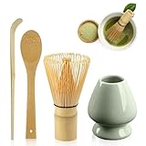 Japanisches Zubehör für die Matcha-Zeremonie: LEKEFET Matcha Besen 4-Teiliges Set, Matcha-Schneebesenmit 2 Matcha Löffel, Matcha Tea Set,Teepinselhalter aus Keramik perfekte Set für die Zubereitung