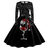 Kleid Weihnachten Damen Langarm Kleider, Retro Vintage Druck Weihnachtskleid Lustig Mit Weihnachtsmotiv Partykleid Elegant 50er Jahre Swing Plisseekleid XXL Tunikakleid