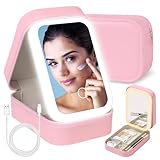 Kosmetiktasche mit Beleuchtetem Spiegel, Schminktasche Make up Tasche mit Spiegel-3 Farben LED Licht, Reise Kosmetikkoffer Organizer, Tragbare Schminkkoffer Make-up Etui mit Trennwänden (Rosa)