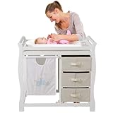 Sepnine Baby Wickeltisch, Wickelkommode mit weicher Wickelauflage, Wickelregal mit Mit Großem Staufach und 3 Schubladen, Naturholz, 91 cm für Lendenwirbelschutz, weiß