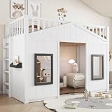 Kinderbett Etagenbett 90x200, Hausbett Hochbett mit Fenster & Regal, Bettgestell mit Rausfallschutz und Lattenrost, Funktionsbett Stockbett Spielbett Jugendhochbett, Kiefernholz, Ohne Matratze, Weiß