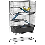 PawHut Kleintierkäfig, Nagerkäfig Frettchenkäfig mit ausziehbarem Tablett Mäusekäfig mit Rampen, Hängematte, Rollen, Ablage, Käfig mit Zubehör für Eichhörnchen, Zwerghamster, Chinchilla Dunkelgrau