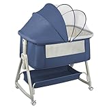 OHMG Beistellbett,Babybett,Babywiege,3 in 1 Babybett Babywiege für Neugeborene,Schaukelbettchen für Zuhause und Unterwegs mit Rädern verstellbare 6 Höhen (Blau（50 * 91 * 68-81cm）)
