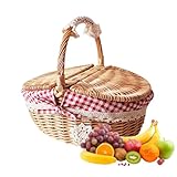 Weiden-Picknickkorb mit Deckel und Griff, gewebter Picknickkorb, handgemachter Süßigkeitenkorb, Ostereier, Aufbewahrungskorb, Weinkorb, Naturweide, leerer Korb for Picknick, Camping, Wandern, Hochzeit