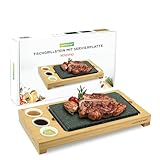 NutriChef Heißer Stein Grillplatte – Tischgrill-Set mit Bambus und Keramik Ideal für Steak und Dinner - Natürliches Granit-Kochset - Servierplatte mit Saucenschälchen