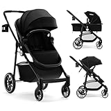 GOPLUS Kinderwagen, Reisebuggy mit Liegefunktion, klappbarer & tragbarer Buggy aus Aluminiumlegierung, Kinderbuggy mit Sonnenschutz & Fußsack & Getränkehalter & Korb, für Baby 6-36 Monate (Schwarz)
