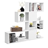 GOPLUS Bücherregal mit 10 Fächern, Raumteiler Regal, Stufenregal aus Holz, Treppenregal Holzregal für Schlafzimmer, Wohnzimmer, 120 x 19,5 x 109 cm (Weiß)