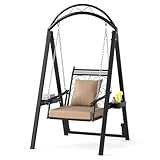COSTWAY Outdoor Schaukel mit Gestell, Gartenschaukel Metall mit abnehmbaren Kissen & Seitentischen, bis 160 kg, Terrassenschaukel Schaukelgerüst für Garten, Balkon, Hinterhof (Schwarz)