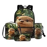 TSOVTHRID 4 x Kinder-Schulrucksack, großes Fassungsvermögen, Büchertasche mit Lunchbox, für Jungen von 10–12 Jahren, otter