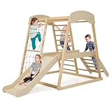 GOPLUS Kinder Klettergerüst, Kletterspielzeug Set mit Kletterleiter & Rutsche & Kletternetz & Querstange, vielseitiger Spielturm, Kletterturm Indoor aus Holz für Kinder ab 1 Jahr (Natur)