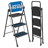 kör4u Trittleiter 3 Stufen - 150 kg belastbar - Standhöhe ca. 75 cm, klappbar, rutschfeste Stufen, Stahlrahmen, Haushaltsleiter, schwarz