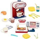 Pretend Rollenspiel Spielzeug Coffee Shop für Kinder Kleinkinder, Kaffeemaschine Playset Kasse Spielzeug mit Nahrungsmittelzubehör, Geschenke für Jungen und Mädchen