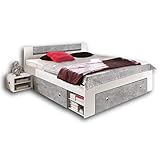 STEFAN Moderne Doppelbett Bettanlage 140 x 200 cm mit 2x Nachtkommoden - Schlafzimmer Komplett-Set in Beton-Optik, Weiß - 145 x 86 x 204 cm (B/H/T)
