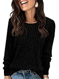 Fisoew Pullover Damen Langarmshirt Leichter Rundhals Casual Strickpullover Oberteil Loose Fit Pulli Sweatshirt,Schwarz,S