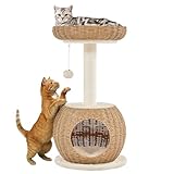 Yaheetech Kratzbaum Rattan Kletterbaum für große Katze, Stabiler Katzenkratzbaum mit Katzenhöhle Plüschball Katzenkorb Sisal Katzenmöbel 75 cm Beige