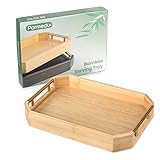 PARMEDU Serviertablett aus Natürlich Verdicktem Bambus mit Ergonomischen und Ästhetischen Metallgriffen, Perfekt zum Servieren von Speisen, Frühstück im Bett, Tee, Kaffee, Naturfarbe