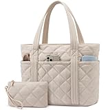 LOVEVOOK Handtasche Damen Shopper Tasche Mittelgroß, Leicht Puffer Tote Bag Arbeitstasche mit Reißverschluss, 15,6 Zoll Laptoptasche Schultasche Handbags Women für Uni Büro Arbeit Reisen, Beige