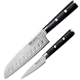 Culinaris Messer-Set - Santoku CDM-03 + Schälmesser CDM-01 | Damastmesser | 67 lagiger Japanischer Damaszenerstahl | Griffe aus braunen Pakkaholz, zweifach genietet und ergonomisch geformt