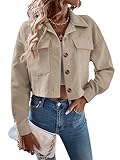 GORGLITTER Cordjacke Damen Langarm Kurzjacke Hemdjacke Cordhemd Button-Down Herbst Cardigan Leicht Mantel Casual Übergangsjacke Beige S