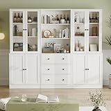 VOWNER 5-stöckiges Bücherregal mit Glastüren, 180 cm Vitrinenschrank, Küchenschränke, Küchenschrank Hochschrank, Buffetschrank für Küche, Wohnzimmer, Esszimmer, weiß, 3PCS (Weiß)