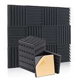 HERTBER - 24 Stück Akustikpaneele Selbstklebend Wandpaneele Schwarz Gerillte Akustikschaumstoff 12 x 12 x 2 Zoll Akustikplatten Hohe Dichte Schalldämmung Selbstklebend für gaming zimmer und büro...