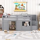 Okak Niedriges Doppelbett mit Spielhaus-Hochbettgestell mit Schublade, Regal, Treppe und Sicherheitsgeländer für Teenager, Mädchen oder Jungen, Starke Holzlattenstütze, Grau