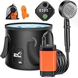 Rsaoty Campingdusche mit Pumpe, 3000mAh Campingdusche Akku Camping,Mobile Duschen Außenduschen mit 20L Klappbarer Eimer, Duschkopf und 2M Schlauch,für Garten, Strand,Haustier,Autowaschen,Reisen