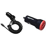 AmazonBasics - Kfz-Ladegerät mit Lightning-Anschluss, Spiral-Kabel, 5 V, 2,4 A, 0,45 m, Schwarz AmazonBasics - Kfz-Ladegerät für Apple- & Android-Geräte, USB-Anschluss: 2 Eingänge, 4,8 Ampere / 24 W, Schwarz / Rot