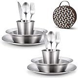 Odoland Campingbesteck Set Geschirrset 13 PCS aus Edelstahl Tafelservice mit Etui Messer Gabel Löffel Teller Kaffeebecher ideal für 2 Personen Outdoor Reisen Wandern Camping