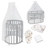 Waldin Oval Baby-Bett Mitwachsend Komplett Set 7in1, Gitterbett, Kinderbett mit Matratze, Wickelkommode, Beistellbett, Holz Grau, Stoffe Weiß Tiere