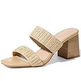 Ancomafio Sandalen mit Absatz für Damen, Bast-Sandalen 2025, klobige Absätze, quadratische Zehenpartie, Pantoletten, Block-Sommerschuhe, Slipper, Naturaldoublestrap, 39.5 EU
