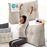 ELONEO Rückenkissen 100 cm breit, Keilkissen für Bett und Sofa geeignet, dreieckiges Lesekissen, Kissen mit abnehmbarem und waschbarem Bezug, mit praktischem Seitenfach