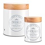 KHG Zwiebel- & Knoblauch Aufbewahrung, Vorratsdosen Keramik Steingut Weiß Holz-Deckel Bambus rund, Vintage Landhaus Stil, Zwiebeltopf & Knoblauchtopf Set, glänzend, beschriftet