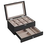 SONGMICS Uhrenbox mit 8 Fächern, Uhrenkasten aus Massivholz, mit Glasdeckel, Uhrenkissen, Schmuckaufbewahrung, Geschenk für Ihre Liebsten, ebenholzschwarz JOW008B01