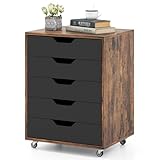 COSTWAY Rollcontainer mit 5 Schubladen, mobiler Aktenschrank mit Rädern, Bürocontainer Schubladenschrank Rollschrank Rollwagen, Schubladenkommode für Zuhause Büro (Braun)