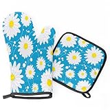 Ufuson Ofenhandschuhe und hitzebeständige Topflappen, Ofenhandschuhe, Set mit Gänseblümchen, Blau, 2-teiliges Set für Küche, Backen, Kochen, Grillen, Grillen, Geschenke, Küchendekoration