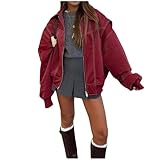 Damen-Bomberjacke, Oversize-Lederjacke, Vintage-Stil, Reißverschluss, Patchwork-Bomberjacke, lässiger Motorradmantel, Kunstleder, rot, XL