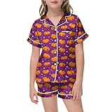 Générique Sommerpyjamas für Mädchen, Halloween-Schlafanzug für Mädchen, kurzärmeliges Oberteil und Knöpfe, mit Shorts und Taschen, niedliche, bequeme Nachtwäsche für Kinder (Lila, 6-7 Jahre)