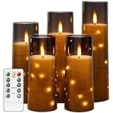salipt LED Kerzen im Glas, Flammenlose Kerzen mit Fernbedienung, Beweglicher Flamme, Elektrische Kerzen mit Lichterkette, 5er-Set Kerze mit Timer, D 5.8 cm, H 12.7 15.3 17.8 20.3 cm - Dunkelgrau