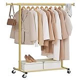 SONGMICS Kleiderständer auf Rollen, Schwerlast-Garderobenständer, ausziehbare Kleiderstange, bis 100 kg belastbar, einfache Montage, transportabel, blassgold HSR013A01