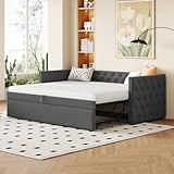 Polsterbett Ausziehbares Schlafsofa, 90*200 cm, Klassische Vollform mit Knöpfen, Mit Lattenrost, Multifunktionales Bett-Gästebett, Hautfreundlicher Samtstoff, (Matratze nicht enthalten) (Grau)